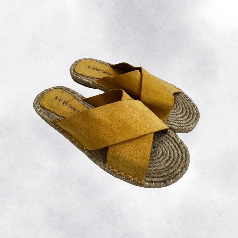 RockClub Couture Women's Mustard Yellow Suede Strap Espadrille Slides Size 9